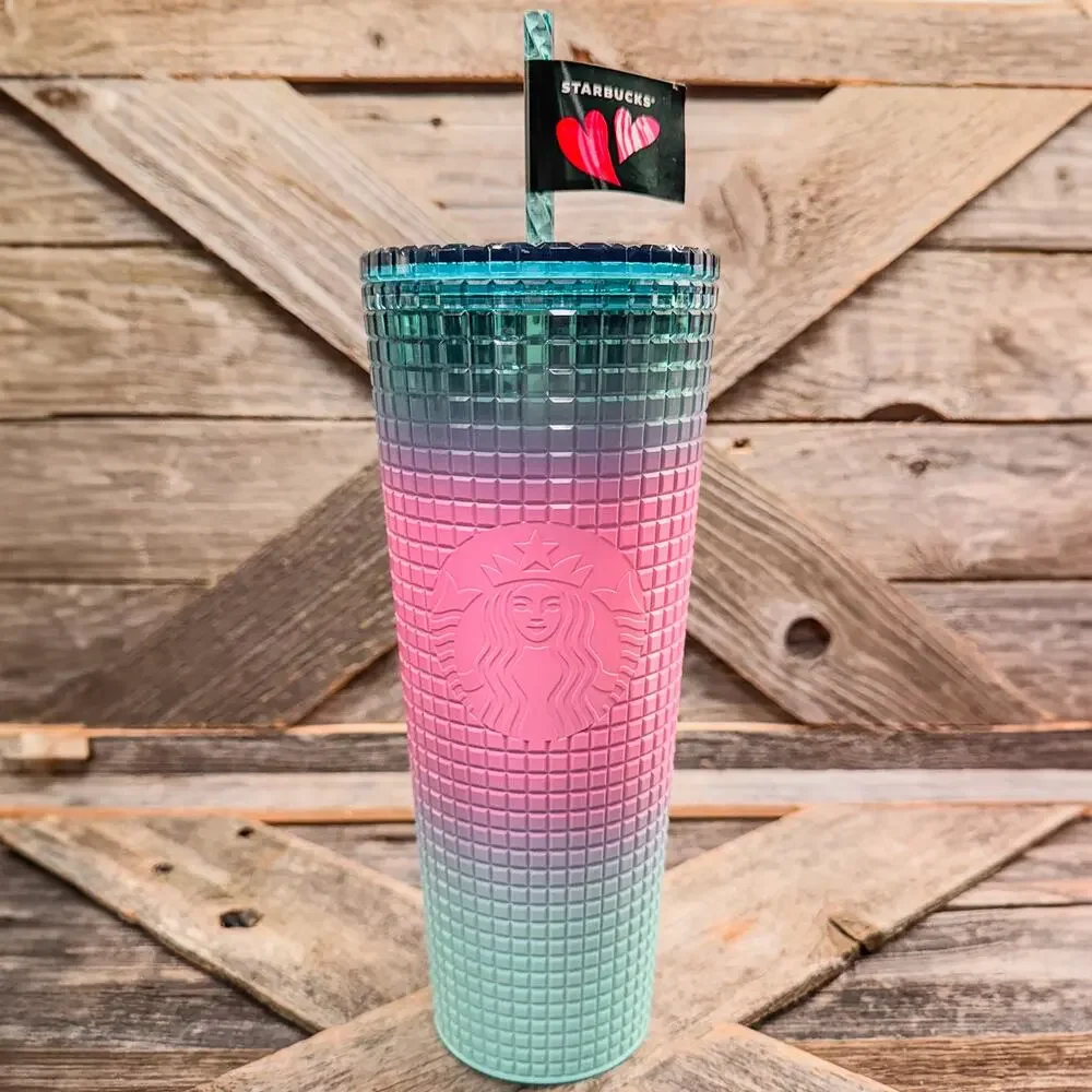 NWT-Starbucks-2024-Valentines Day Tri-Color Gradient Grid-24floz Cold Tumbler